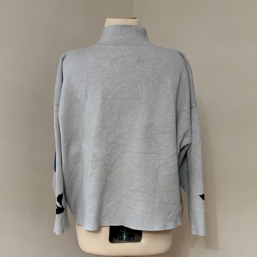 Anthropologie Light Gray Mock-Neck Sweater with Blue Floral Motif - Picture 2 of 8